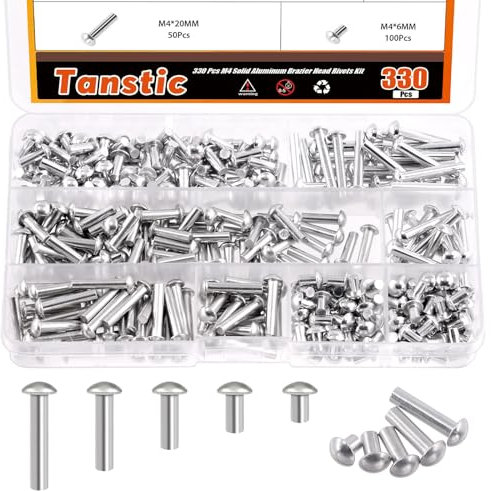 Tanstic Rivetti a testa in alluminio massiccio M4, 330 pezzi, 6 mm, 10 mm, 14 mm, 20 mm, 25 mm, lunghezza rivetti in alluminio massiccio per macchinari industria automobilistica