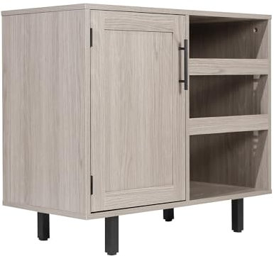 Flash Furniture Elmont Classic Bar and Sideboard with Shaker Style Single Door Cabinet with Hanging Glass Storage and Open Bottle Shelves, Set of 1, Gray