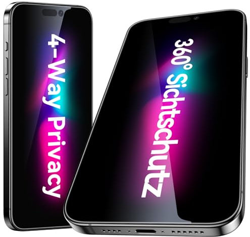 Esanik 360° Sichtschutz für iPhone 15 Pro Max Sichtschutzfolie, 2 Stück Anti-Spy Privacy Screen Protector für iPhone 15 Pro Max 4 Way Blickschutz Panzer Folie Glas