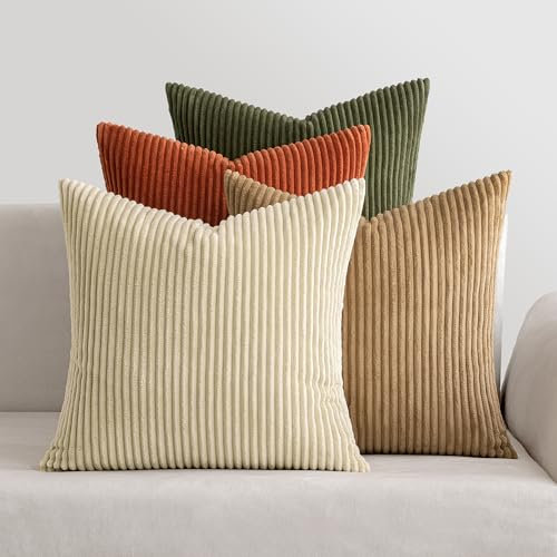 MIULEE Kordsamt Kissenbezug Weiche Kissenhülle Dekorative Sofakissen Quadratische Dekokissen Zierkissenbezug Gestreifte Kissenbezüge für Wohnzimmer Schlafzimmer 4 Stück 50x50cm Braungrüne Serie