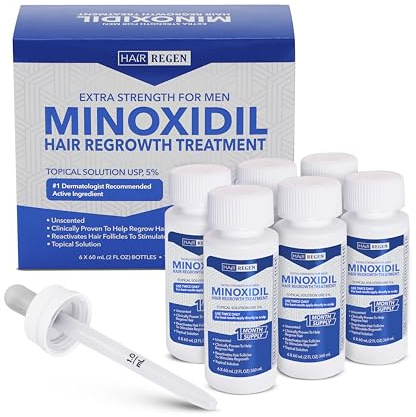 Hair Regen Liquid Minoxidil for Men 5% – Advanced Topical Solution for Regrowth – Growth Treatment for Men Hair Loss 6-Pack as 6-Month Supply Kit