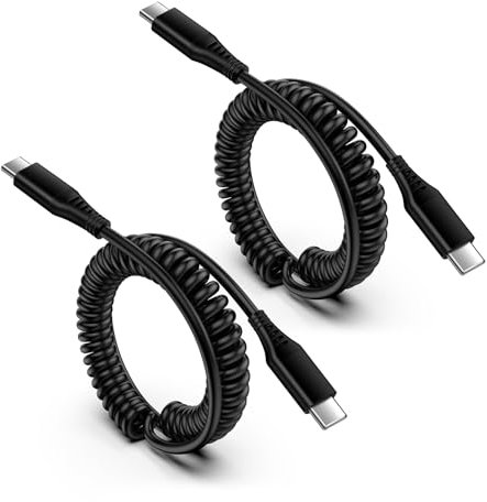 Coiled USB C to USB C Cable for Car, 2-Pack Spring Samsung Phone Charger Cable, Type C Charger Cable Fast Charge Lead for Samsung Galaxy A15 A14 A13 A12 Z Flip 5 S24 S23 S22 S21, Google Pixel, Xiaomi