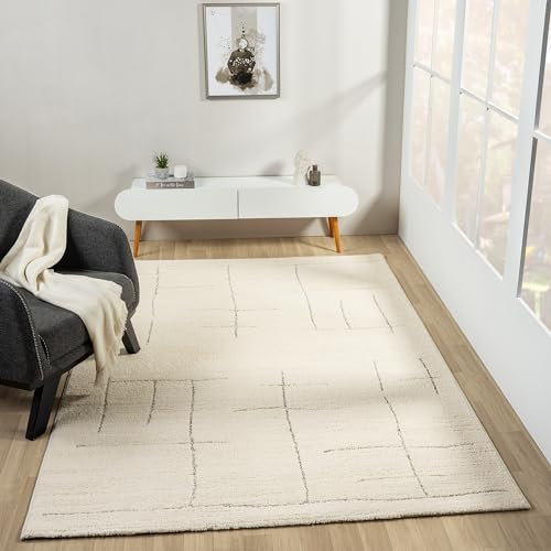 VIMODA Kurzflor Teppich Skandinavisch Wohnzimmer Schlafzimmer Boho Optik Weich Streifen, Farbe:Creme, Maße:80x150 cm