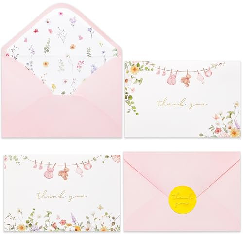 Crisky Baby Shower Pink Gold Thank You Cards (50 Pack) with Envelopes & Stickers Girl Baby Shower Greeting Cards Bulk, Watercolor Delicate Wildflower for Baby Shower Party