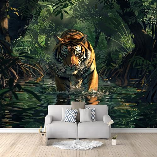 Papier Peint Intissé Tigre animal de la forêt verte Décoration Photo Murale 350 x 256 cm Moderne pour Salon Chambre Bureau et Couloir - Peinture Murale en Laine Papier Peint
