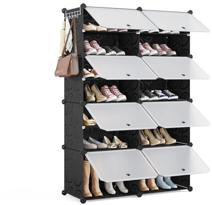 Mondeer Schuhregal, 8-stufiger Kunststoff Schuhschrank, Modulares Schuhaufbewahrung, Staub- und Wasserabweisend, Platzsparendes, hält 32 Paar Schuhe für Foyer, Schlafzimmer, Wohnzimmer, Schwarz