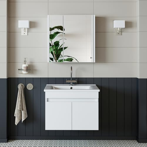 ROOMART • Badmöbel Set • Atria • 65 cm, 85 cm, 100 cm • Weiß • Waschbecken mit Unterschrank • Spiegelschrank • Hochschrank (Unterschrank mit Waschbecken + Spiegelschrank, 65 cm)