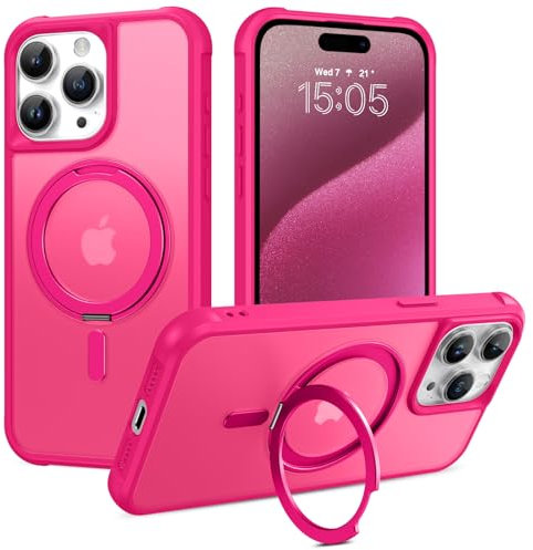 BENTOBEN Magnetic Case for iPhone 15 Pro Max with Stand [Compatible with Magsafe],Rotatable Invisible Stand Translucent Matte Military Grade Protection Shockproof Case for iPhone 15 Pro Max, Hot Pink