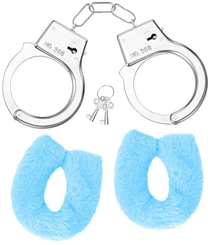 SATINIOR Manette per Coppia con 2 Chiavi Manette in Metallo Morbido Peluche per Costume di Polizia Festa di Carnevale e Halloween(Stile Peluche,Blu)