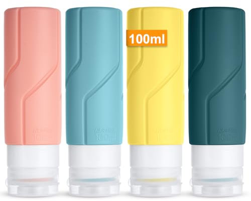 OSDUE Flacons de Voyage Avion 4PCS 100ml Contenant Voyage Silicone Étanches Kit Voyage Produit Toilette Petite Flacon Vide Accessoire Voyage pour Shampooing, Lotion, Gel Douche Crème, Cosmétiques