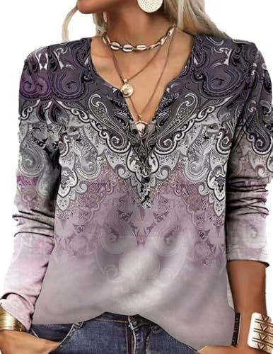 HUXRAKV Élégante Chemise Femme Manches Longues Mode Ethnique Imprimé Casual T-Shirt Top Chemisier Col en V Hauts Automne Hiver,WD16-Rose,L