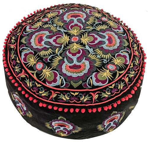 Schwarzer Runder Pouf Ottomane Bezug mit Samt Stickerei – Weicher, Bestickter Bodenkissen mit Marokkanis Design, 60cm Durchmesser, ideal für Wohnzimmer, Schlafzimmer oder Meditationsraum