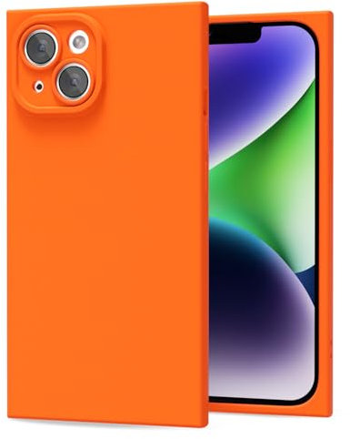 oakxco for iPhone 14 Phone Case Silicone Square Edge, Y2k Rectangle Soft Rubber Gel Cute Phone Case for Women, Girly Aesthetic Trendy Design, Thin Slim Matte TPU Protective Cover, Neon Orange