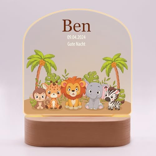 LAUBLUST 3D LED Nachtlicht für Kinder - Personalisierte Lampe mit Baby Namen & Wunschtext | Natur, Zwei Holzsockel - Geschenk zur Geburt & Taufe für Mädchen und Jungen | Kinderzimmer Deko (Safari)