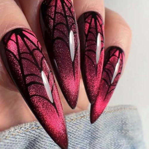 SINLOV Künstliche Fingernägel, Halloween-Spinne, rote Mandel, französische künstliche Nägel, volle Abdeckung, für Damen und Mädchen, 24 Stück