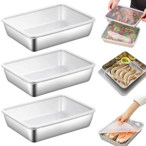 Plaque à biscuits, plaque à pâtisserie avec couvercle PP 3PCS 10x8x2in plateau en acier inoxydable de qualité alimentaire avec bord roulé empilable de rangement alimentaire facile à propre