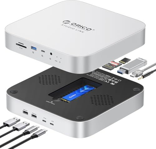 ORICO MC7P StudioLink, Mac Mini Hub con Carcasa SSD para NVME/SATA M.2, USB A 3.2, USB C 3.2, 2 Puertos USB A 2.0, SD/TF, 3,5 mm AUX, Puerto de Alimentación de 5 V, para Mac Mini M1 M2