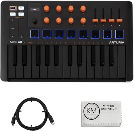 Arturia MiniLab 3 Compact MIDI Keyboard and Pad Controller | Orange Bundle with 6ft MIDI Cable + Microfiber Cleaning Cloth (3 Item)