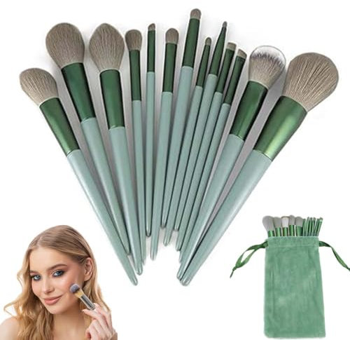 13 Pièces Set Pinceaux Maquillage Emeraude vert avec Sac en Flanelle, XURJUMI Pinceaux Professionnel pour fond De Teint Mélange Poudre Le Visage Ombres à Paupières