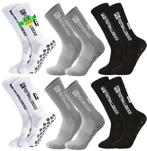 YnewL Fußball Socken Weihnachtsgeschenke, 6 Paare Sport socken 39-46 Anti Rutsch Grip Fussball Socken für Herren Damen Fussball Basketball Laufen Radfahren(Weiß, Schwarz, Grau)
