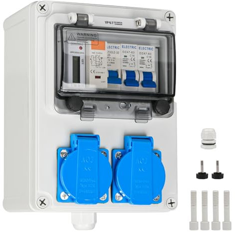TEOV Baustromverteiler Wandverteiler mit 1P LCD-Stromzähler, Leitungsschutzschalter und Fehlerstromschutzschalter, IP44 Schuko-Steckdose 230V Wandverteiler Stromverteiler für Innen und Außen