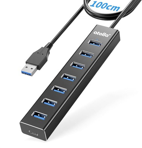 Atolla 7 Porte Hub USB 3.0 in Alluminio - Adattatore Multipresa USB 3.0 5Gbps con Cavo da 100cm, 5V/3A Type-C per PC, Laptop, MacBook, Mouse, Tastiera, Disco Rigido, ecc.