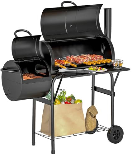 Outsunny Holzkohlegrill aus Stahl BBQ Smoker mit Deckel Thermometer Räder Ablage fahrbar Grillwagen mit Luftzufuhr Kohlewanne, Kohlegrill Kohlegrillwagen für Barbeque Camping, Garten 109x60x120 cm