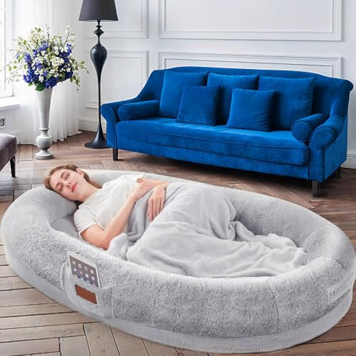 Menschliches Hundebett für Erwachsene, 180×122×25 cm,Riesiges Sitzsack-Bett mit Decke, Waschbares Kunstpelz Nap Oval Bett, Abnehmbares großes Memory Foam Menschliches Hundebett Grau 