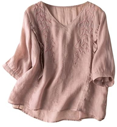 T-shirt brodé pour femme - Col en V - Décontracté - Tendance - Doux - Manches 3/4 - Confortable et respirant - Pour l'extérieur - T-shirt léger et respirant, Rose, M