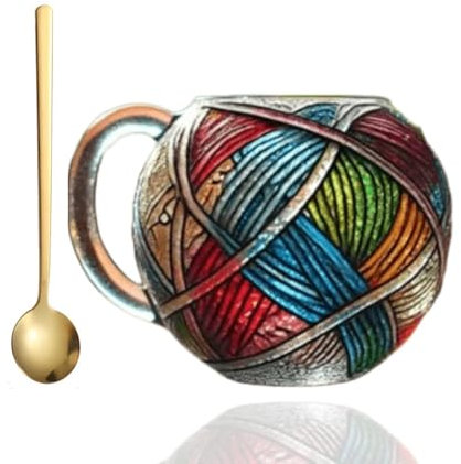 Painted Yarn Ball Mug, 3D Painted Glass Crochet Coffee Mug, Colorful Yarn Mug, Realistic Knitting Wool Ball Cup, Novelty Knitting Gifts for Knitter and Crocheter