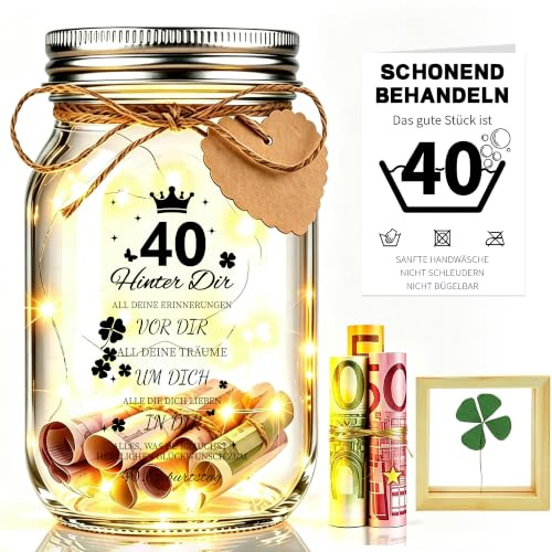 40. Geburtstagsgeschenk Glücksbringer, Mason‑Glas‑Licht mit Vierblatt‑Klee | Kreatives Geldgeschenk,Männer & Frauen, Geburtstagsdekoration