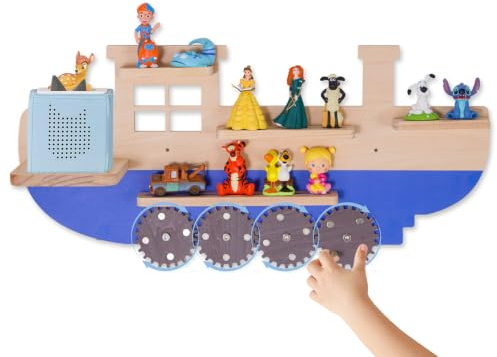 Todeco Tonie-Regal, Magnetisches Wandregal mit drehbaren Zahnrädern, Schiff | Für 10–15 Tonies, Platz für Toniebox und Ladestation, inkl. Wandmontageset, Premium-Holz, für Kinderzimmer