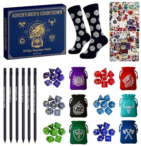 DICE -Adventskalender 2025, 24 Tage Weihnachts -Countdown -Kalender mit Stickern Socken Stifte, polyedrische Würfel -Set für Familienspiele