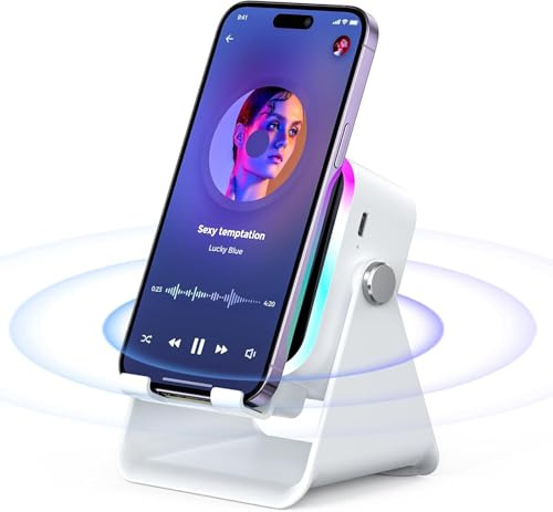 GALAKSIOZ 5-in-1 Wireless Induction Bluetooth Speaker with Adjustable Round Phone Stand, Multifunctional Stereo Sound Bluetooth Speaker, 8 RGB Ambient Light (White, Square)