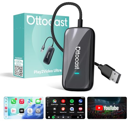 OTTOCAST Play2Video Ultra, 3-i-1 AI Box för Netflix/YouTube/Prime Video Streaming, Trådlös CarPlay & Android Auto Adapter med USB-minne, Dual Band Wi-Fi, Låg latens, Bluetooth 5.4, 4GB+32GB