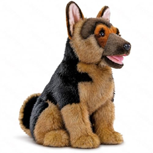 PuffPurrs Deutscher Schäferhund Plüschtier, lebensechter sitzender Stoffhund, handgefertigtes Deko-Kuscheltier, 28 cm, durchdachtes Geschenk für Tierliebhaber