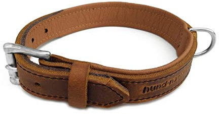Lederhalsband für Hunde, Fettleder Hundehalsband gepolstert, Echtleder, Cognac Chrom Gr. 65