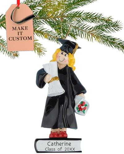Personalised Graduation Ornament Class of 2025 – Fast & Free 24h Customisation – High School Senior Christmas Ornaments for Tree – Custom Gift Wrapped Blonde Girl in Grad Gown Keepsake for Graduates