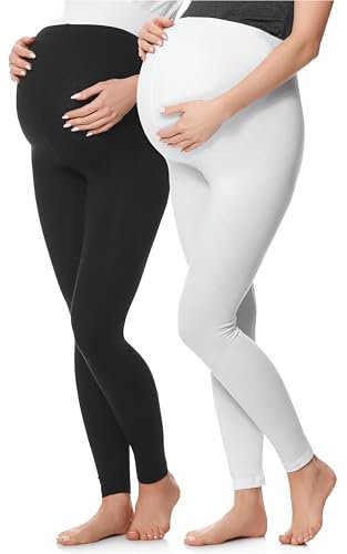 Be Mammy Lote de 2 Legging Grossesse Femme Long Legging Maternité Confortable BE20-230 (Noir/Blanc, S)