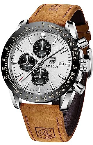 BENYAR Montre Homme chronographe pour Homme Mouvement à Quartz Bracelet en Cuir Montre de Sport d'affaires de Mode 30M étanche et Anti-Rayures Cadeau élégant