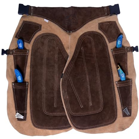 Farrier Schürze Chaps 2 mm Rindsleder, 68,6 cm Länge, verstellbare Taille (71,1 cm - 132,1 cm), ergonomische Schaumstoff-Polsterung für Oberschenkel und Rücken, 4 Messertaschen, 2 Nagelmagnete zum