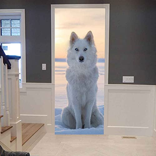 JFEDMN Stickers Porte Poster 3D - 82X200Cm Loup Animal Blanc Neige Papier Peint Porte Trompe L'Oeil Pour Salon Chambre Décoration De La Maison Stickers Muraux Auto-Adhésif Stickers Amovibles