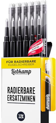 LIEBKAMP Radierbare Ersatzmine schwarz 0,7mm [12 Stk] Für Radierbarer Kugelschreiber, Tintenroller Radierbar, Radierstift, Erasable Pen, Gelschreiber