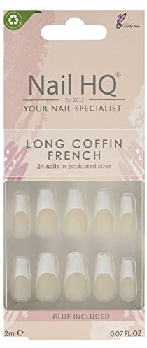 NAIL HQ Long Coffin French Nails, Natural & White