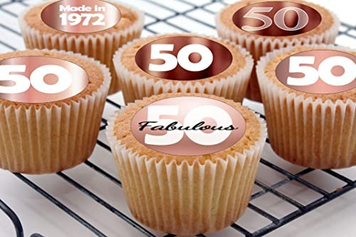 24 edible 50th Birthday party rose gold cake decorations style Iced Icing CupCake Toppers