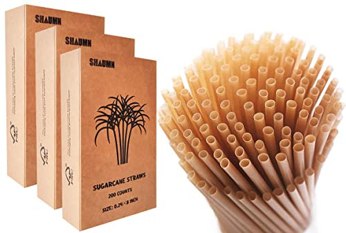 600 Stück Zuckerrohr-Trinkhalme, 20.3 cm, kompostierbare Trinkhalme, biologisch abbaubar, umweltfreundlich, plastiklos, nicht beschlagig, verpackt durch 200 Stück pro Box (3 Packungen)