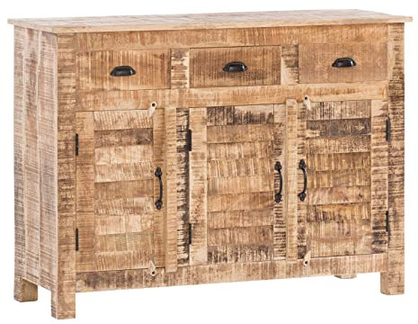 Woodkings Sideboard Caribou I 122x90x42 cm I 3türige Kommode mit Schubladen I rustikale Anrichte aus Massivholz Holz I ideal für Wohnzimmer Flur Küche