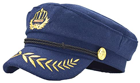 Pinsway Klassischer Kapitänsmütze mit bestickter Königskrone, Newsboy Cap Chauffeur Hüte, Boot Yacht Hut Nautisch 1. Kreuzfahrt Kostüm (Navy)