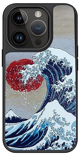 AUKIYUI Designed for iPhone 14 Pro Case, Japanese Design Phone Case Shockproof Hard Back with Non-Slip Soft Bumper Cover, Aesthetic Tokyo Wave Print Cool Embossed Pattern, Black 6.1