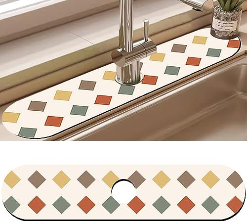 Acidea Faucet Diatomite Mat for Kitchen Sink, 24''x5.5'' Super Absorbent Fast Drying Mat, Rubber Backing Sink Splash Guard Pad, Cuttable Faucet Drip Catcher for Bathroom, Countertop, Sponge Holder